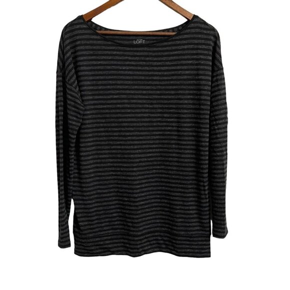 LOFT Womens Black Gray Striped Long Sleeve Round Neck Sweater Size Medium - Picture 1 of 5